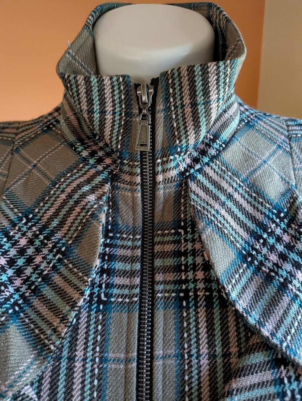 Plaid Ruffle Belted Trench Coat - Blue/Gray - Picture 5 of 11